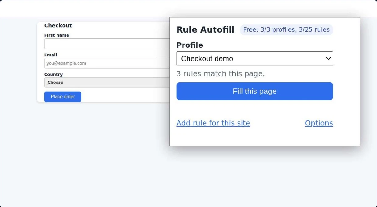 Autofill Forms by Rule popup filling a checkout form from a profile